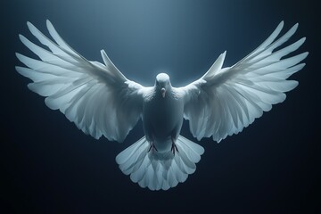 Graceful White Dove in Mid-Flight Under a Dark Atmospheric Background