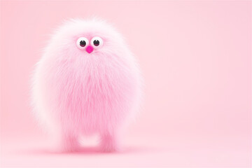A cute, pink fluffy character with big eyes standing in a playful pose. The soft background enhances the whimsical, cheerful nature of this adorable character.