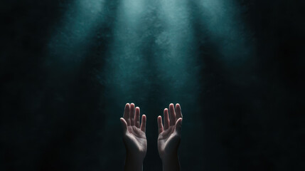 Hands Reaching Towards Light in Dark Abstract Background