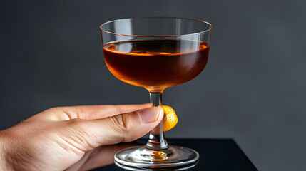Elegant Hand Holding a Cocktail Glass with Dark Liquor and Citrus Twist on a Clean Surface