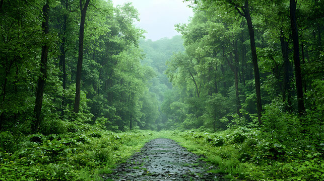Rainy forest path, lush greenery, misty background, nature tranquility, ideal for travel brochures