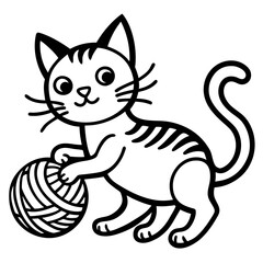 Obraz premium Playful Tabby Cat with Yarn Ball - Vector Illustration, Cartoon, Clipart & Line Art, Playful tabby cat batting a yarn ball – vector, cartoon, clipart, and line art design for digital use.