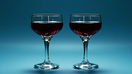 Elegant Pair of Classic Glasses Filled with Rich Red Wine Against a Smooth Blue Background