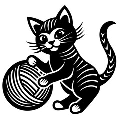 Fototapeta premium Playful Tabby Cat with Yarn Ball - Vector Illustration, Cartoon, Clipart & Line Art, Playful tabby cat batting a yarn ball – vector, cartoon, clipart, and line art design for digital use.