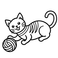 Playful Tabby Cat with Yarn Ball - Vector Illustration, Cartoon, Clipart & Line Art, Playful tabby cat batting a yarn ball – vector, cartoon, clipart, and line art design for digital use.