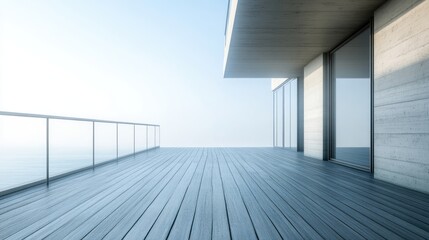 Fototapeta premium Ocean View Deck: Modern Minimalist Architecture, Concrete, Wood, Glass Railing, Blue Horizon