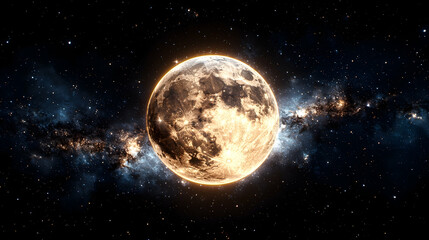 Obraz premium Golden full moon in space, cosmic background, astronomical wallpaper