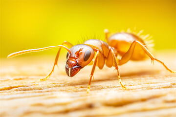 Naklejka premium Close-up of an ant walking on a surface, with vibrant yellow and green background, showcasing the tiny details and natural beauty of insects.