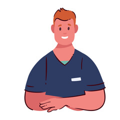 Male nurse cartoon front portrait. Funny man with folded arms, paramedic with blue uniform smiling. Guy standing in confident pose with smile, cartoon medical orderly, nurse vector illustration