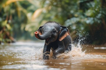 Fototapeta premium Young elephant plays and splashes in a river surrounded by lush greenery during midday