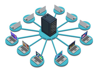 Lan network 3D diagram for business and technology concept. WAN of computer networking vector.