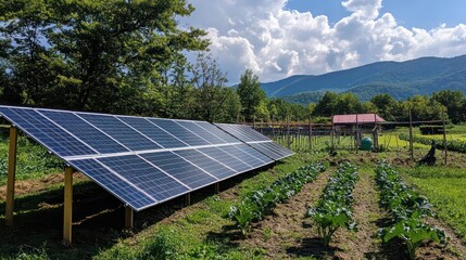 Close-up of solar panels on a small farm, reflecting sunlight, powering irrigation systems for diverse crops.

