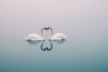 Two Swans Forming a Heart Shape Amidst Calm Misty Waters