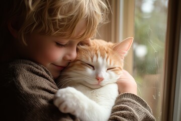 Young Child Holding an Orange and White Cat by a Window
