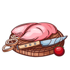 Raw chicken breast on round wooden board. Outline hand drawn color sketch of poultry meat fillet with knife, tomato and onion rings to cook meal. Cooking mascot, chicken meal icon vector illustration