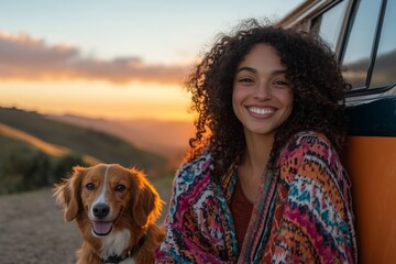 Smiling Woman With Dog Enjoying Serene Sunset Outdoors in a Scenic Setting