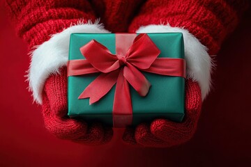 Christmas festive scene with Santa hands holding green gift box and red ribbon on red background celebrating holiday spirit