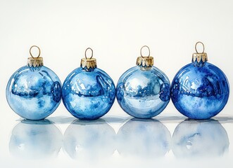 Obraz premium Blue Christmas Ornaments Watercolor Christmas Card New Year Greeting Seasonal Decoration