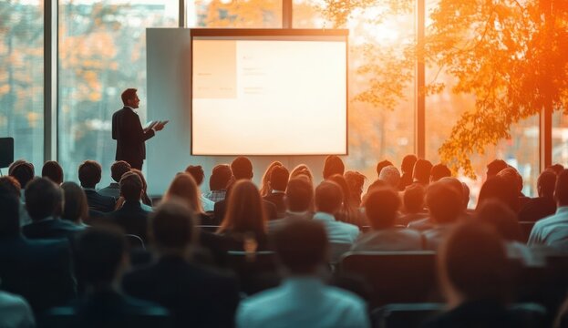 Business Speaker Engaging Audience at Conference Event in Modern Lecture Hall