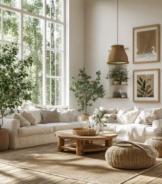 Scandinavian Style Cozy Living Room Interior with Natural Light and Minimalist Furniture