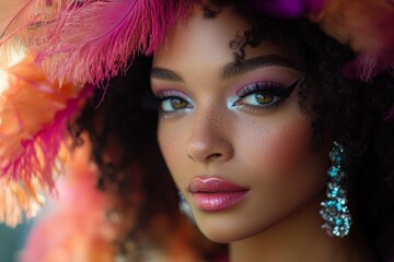 Close-up of a woman with colorful makeup and vibrant feathered headdress in a fashion-focused portrait taken outdoors in bright light