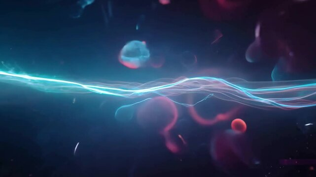 Close-up view of red blood cells in motion, with blue glowing energy waves running through them, symbolizing biological processes and circulation.
