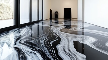 classic black-and-white epoxy floors with marbled patterns, glossy reflective surface for timeless interiors