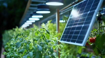 Fototapeta premium Solar panels power greenhouse lights, nurturing tomatoes and herbs under controlled conditions, ensuring sustainable growth with clean energy.
