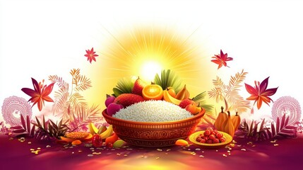 Chhath Puja Festival Greeting Card with Sun God Fruit Basket, Water Pot and Candle