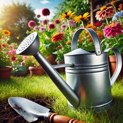 "Watering Can and Trowel in a Vibrant Flower Garden