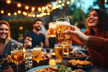 Friends Having Fun at Night Beer Garden Patio Gathering Celebrating Together