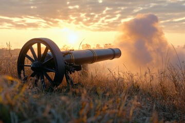 Cannon fires at sunset over a grassy battlefield, creating a dramatic scene with smoke and sunlight