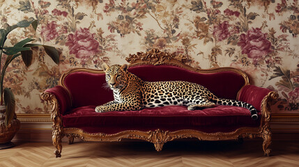 A leopard sits over a red velvet sofa with French style wallpaper background, professional photography, poster design 