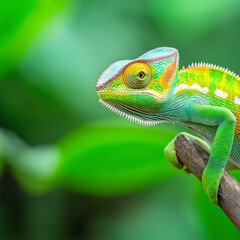 Fototapeta premium A detailed shot of a colorful chameleon perched on a branch. Its green body contrasts beautifully with the natural surroundings in this vibrant wildlife shot.