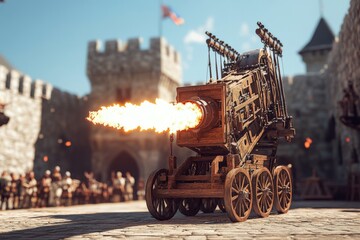 A historic siege weapon firing flames during a medieval demonstration in a castle courtyard