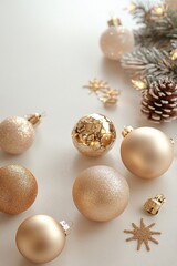 Elegant Minimalist Gold Christmas Ornaments and Snowflake on Beige Background for Chic Holiday Decor
