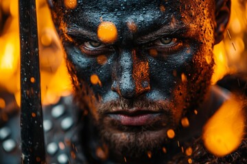 Intense warrior portrait with fiery background showcasing fierce expression and dramatic makeup