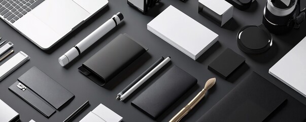 Corporate identity mockup showing branding stationery on dark desk