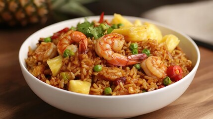 A modern fusion presentation of pineapple fried rice with shrimp, served in a minimalist white bowl with elegant plating