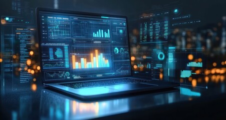 Futuristic Digital Workspace with Holographic Graphs and Financial Data Analysis