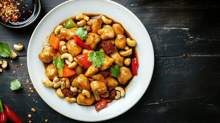 A rustic serving of Thai stir-fried chicken with cashew nuts, placed on a white plate, with a side of chili flakes and soy sauce