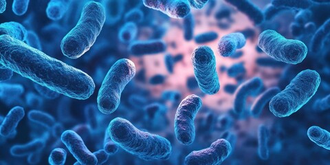 Surreal Microscopic View of Bacteria in Watercolor Style Illuminated by Ethereal Blue Light