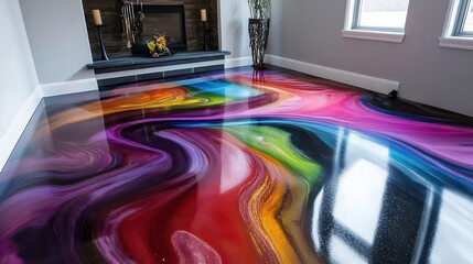 Obraz premium Creative epoxy flooring ideas featuring metallic swirls and vibrant color gradients, perfect for modern interiors