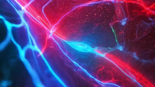 Abstract view of glowing red and blue lines representing blood flow and energy, symbolizing biological processes and circulation within the body.
