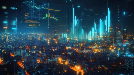 Investment Analysis and Trading Technology in Futuristic City Skyline with Data Visualization and Finance Growth