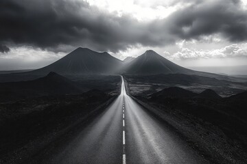 Long Straight Road Through Volcanic Landscape in Lanzarote with Dark Mountains and Overcast Skies