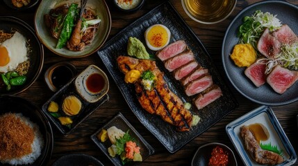 A top-down view of a Japanese izakaya meal featuring grilled karashi mentaiko, sake, and small side dishes on a wooden table