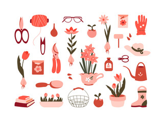 Spring collection of gardening elements, growing flowers. Sprouts, seeds, scissors, secateurs, watering can, flowers, gloves