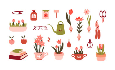 Spring set of cute potted flowers, tulips and daffodils. Watering can, flowers, seeds, books, secateurs, scissors