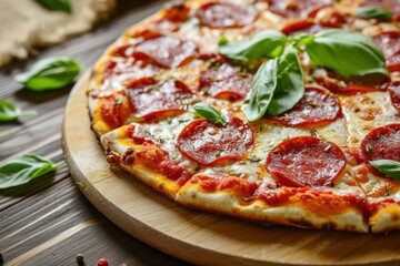 Pizza. Pepperoni Pizza. Classic Italian Pizza with Spicy Pepperoni Slices, Mozzarella Cheese, and Rich Tomato Sauce. Pepperoni Pizza Isolated on a Background with Copy Space.